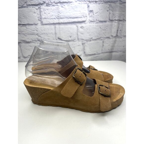 Yokono Wedge Slide Sandals Slide On Leather Beige Tan Ladies size 8 Adjustable - Picture 3 of 14